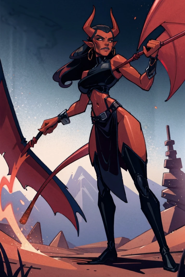 Red skin succubus tiefling, digitigrade legs, full breasts, huge breasts, black horns, wings, huge tail, black leather, crop top, long flowing pelvic curtain, tall, athletic, graceful, thin, long black ponytail. Action scene, whip. Dark scene, explosions, night sky.