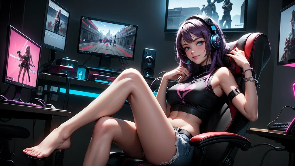 Create a masterpiece-quality image of a happy 18-year-old girl with a heart tattoo on her right shoulder. She has long purple hair and blue eyes, wearing a black navel crop top and jean shorts, emphasizing her slender build and impressive bust of 85. She is sitting in a gaming chair, slouched comfortably with a smile, holding a gaming controller. The girl has chain accessories and a black wristband on her wrist, along with gaming headphones. The background should be a visually stunning, neon-colored room featuring a gaming PC, gaming desk, gaming chair, and gaming bed, with a gaming console. Use high-quality, detailed artistry to bring out the depth of the scene