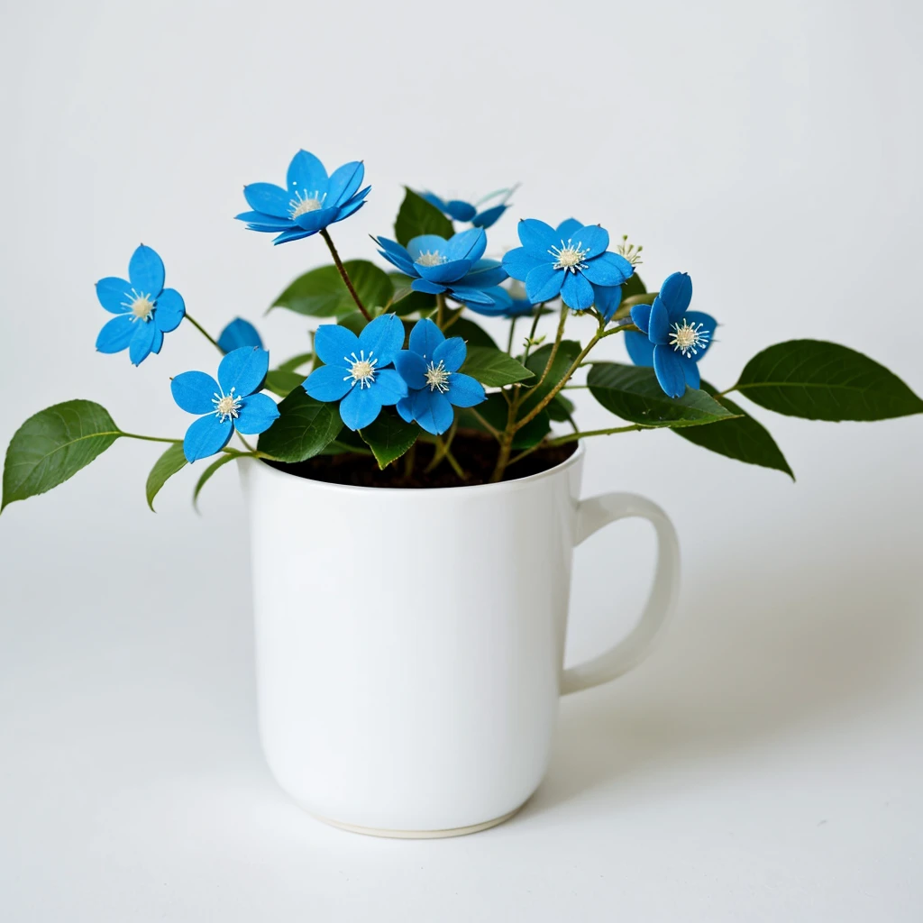 one pack of beautiful minimalist blue flower in white pot on white background