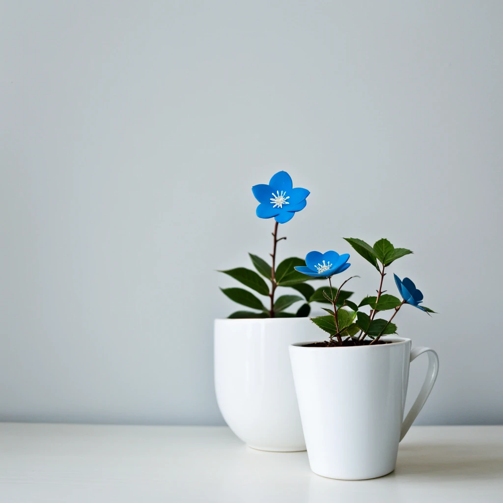 one pack of beautiful minimalist blue flower in white pot on white background