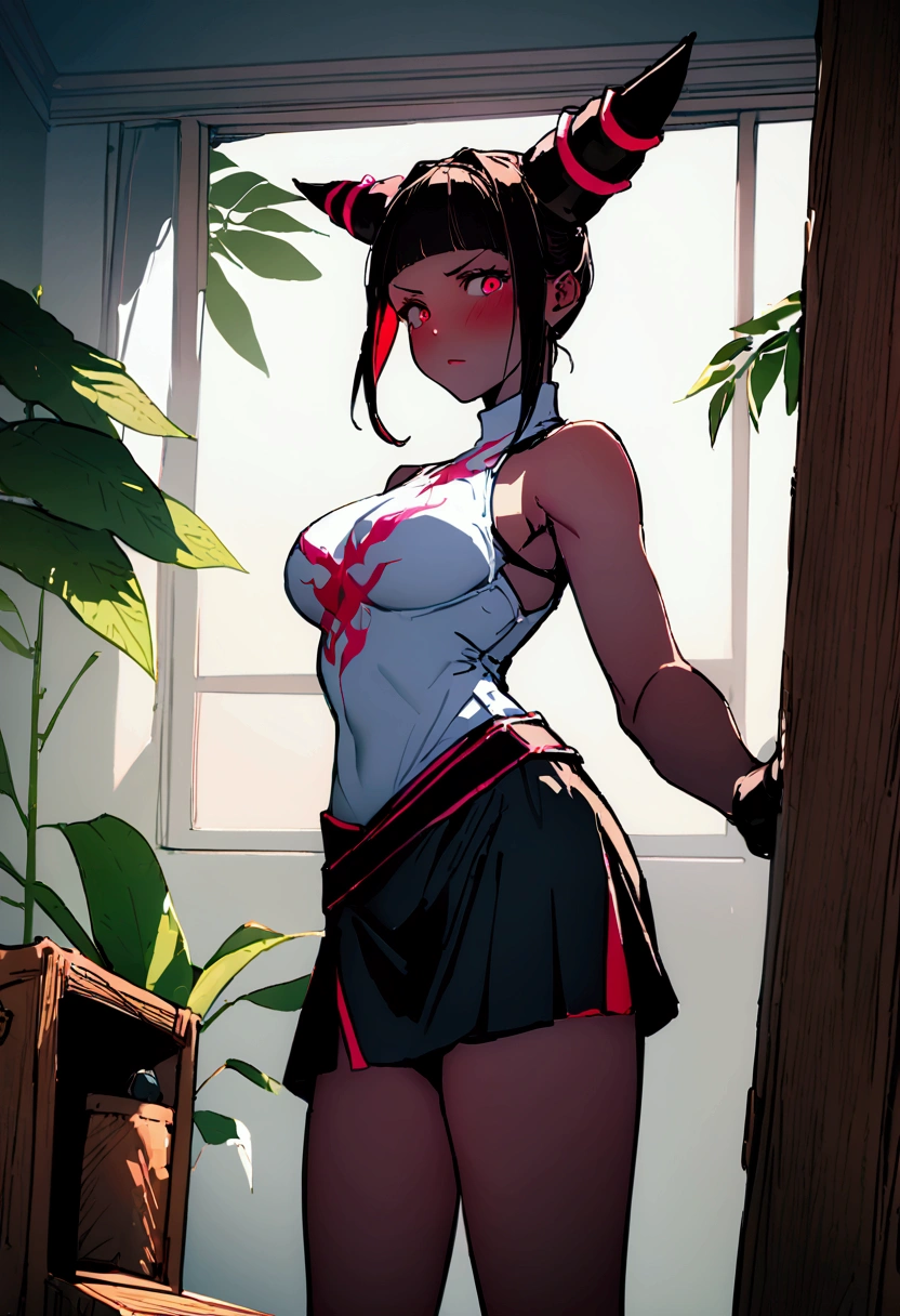 juri han,(work of art, ultra detali,high resolution,8K), 1 girl ,standing alone,hinterland,Look to viewer, TochaTortura, trunk,sheen,brunette skin,tight white turtleneck sweatshirt,black socks,standing,brava,horns on head,blushed,face red,arms crossed,room,plant,Eyes red,black short skirt,black glove,large bosom,low lighting,ombre

