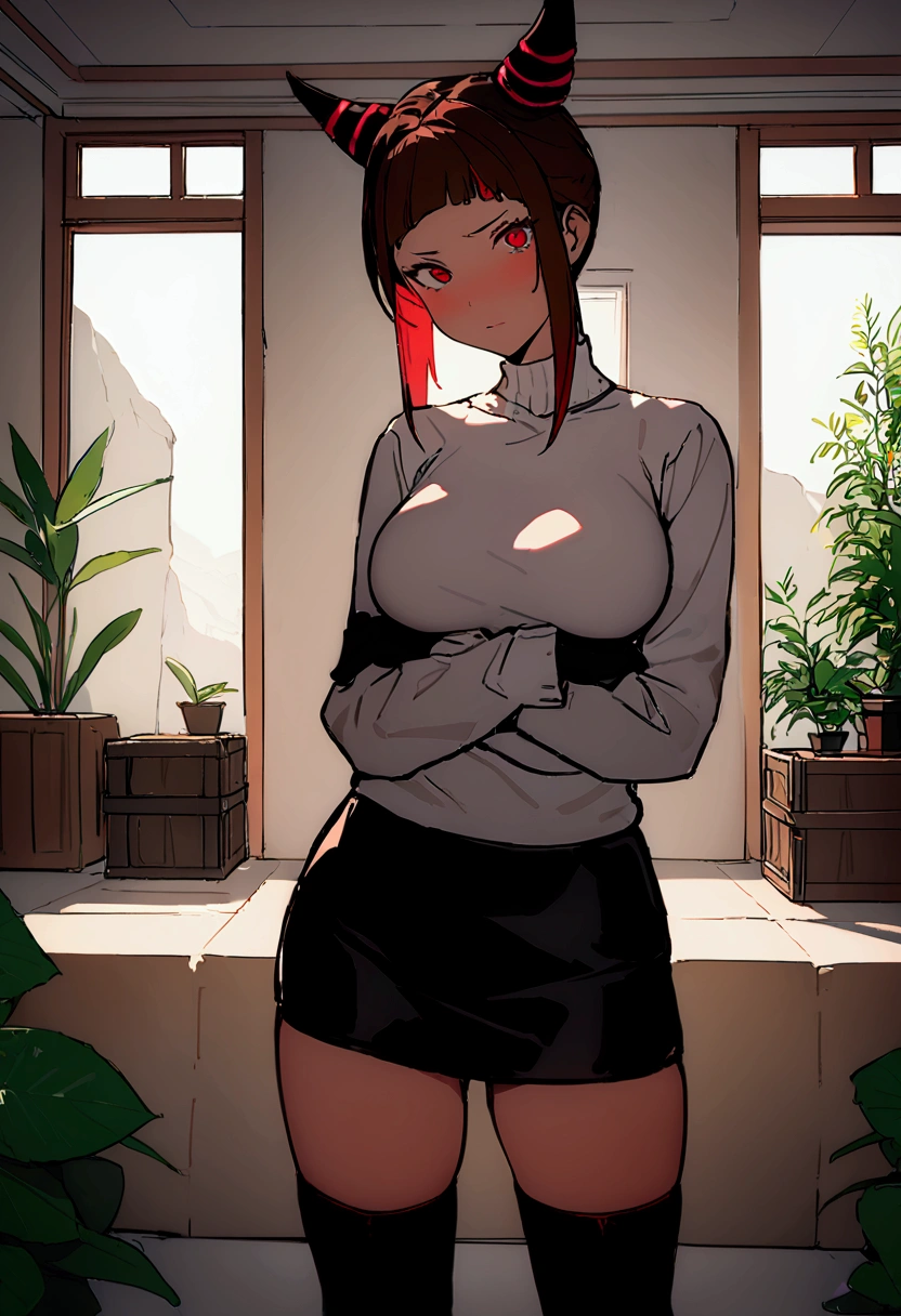 juri han,(work of art, ultra detali,high resolution,8K), 1 girl ,standing alone,hinterland,Look to viewer, TochaTortura, trunk,sheen,brunette skin,tight white turtleneck sweatshirt,black socks,standing,brava,horns on head,blushed,face red,arms crossed,room,plant,Eyes red,black short skirt,black glove,large bosom,low lighting,ombre