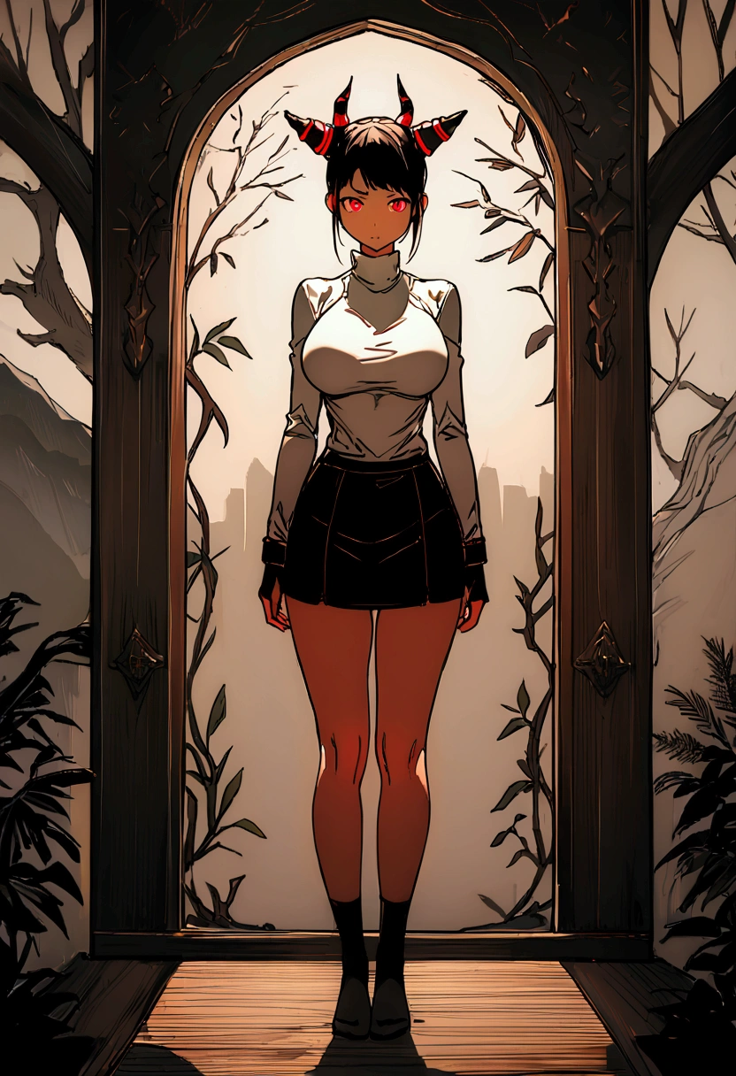 juri han,(work of art, ultra detali,high resolution,8K), 1 girl ,standing alone,hinterland,Look to viewer, TochaTortura, trunk,sheen,brunette skin,tight white turtleneck sweatshirt,black socks,standing,brava,horns on head,blushed,face red,arms crossed,room,plant,Eyes red,black short skirt,black glove,large bosom,low lighting,ombre
