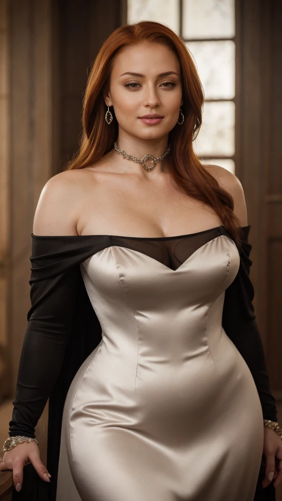 Face of Sophie Turner:1.2, Sansa Stark played by Sophie Turner, the de facto Lady of the Eyrie, is a 40-year-old mature queen with a stunning, alluring appearance, (hair over covering one eye - jessica rabbit's hair:1.2). Regally standing amongst ugly elderlymen senior councilmen with robust build:1.2. Full Face, Full figured woman, pierced eyes, reddish lips, (half body shot:1.2), erotic Mediaeval lewd off-the-shoulders sleeveless costumes, game of thrones queenly dress, satin-silken regal gloves, decorated jewelries befitting for regal noble lady, [She wears a Game of Thrones-inspired off-the-shoulders sleeveless costume and has a deep cleavage plunging neckline with heavy mommy milkers], a perfect thick body, and a perfect fleshy thick figure. Thick fleshy arms. Naturally heavy mommy milkers. Perfectfully sculpted collarbones. [hand on hip - exudes the aura of confidence and temptress]. Surrounded by elderly councilmen. Body worships. The photograph captures DSLR shot, with her skin texture and facial features being ultra-realistic and realistic. Juicy thick figure, high quality skin, Skin pores, amazing details, snow, snow flakes, semi realistic, extremely detailed eyes, dark moody orange and black settings, cool environment, BREAK, photographed on a Canon EOS R3, 105mm F/2.8 VR Macro Lens, HDR, 8k, (sharp focus), cinematic film still from lord of the rings, BREAK, gangbang, blackedscene, blkd, (surrounded by black senior councilmen:1.2), (imminent_gangbang), (imminent_rape) 