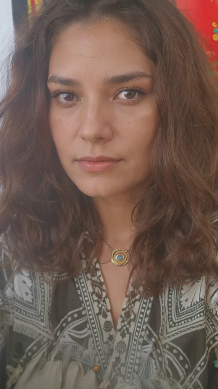 Hippie woman realistic bohemian native american features late 40s apache features