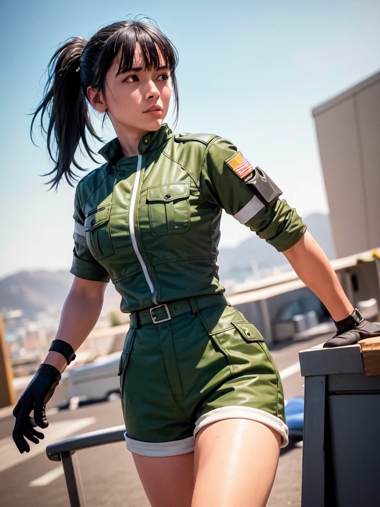 30-year-old woman, alone, athletic, blue hair tied in a ponytail, wears green military shorts, wears a green military top, wears dark gloves, has military boots, high resolution, perfect image, very detailed, high contrast, colors digital, simple, medium shot, cinematic, ultra-sharp focus, award-winning photography, perfect contrast, high sharpness, depth of field, ultra-detailed photography. global illumination, fluid, ultra high definition, 8k, Unreal Engine 5, ultra sharp focus, award-winning photography, Art Season Trends,
