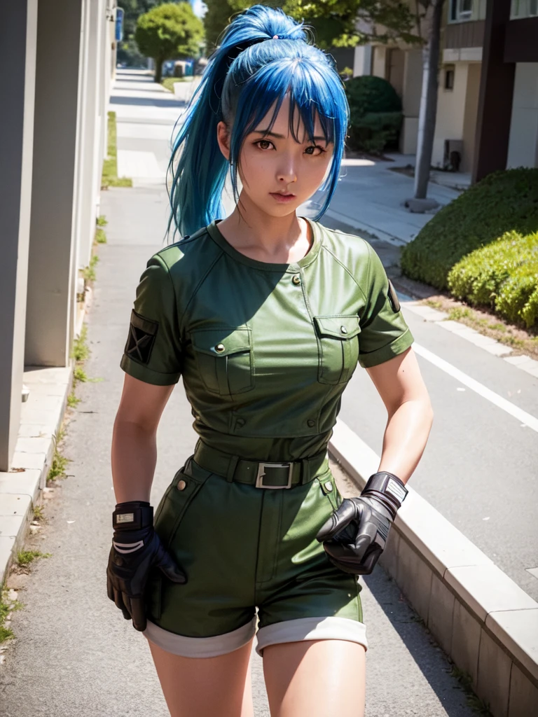 30-year-old woman, alone, athletic, blue hair tied in a ponytail, wears green military shorts, wears a green military top, wears dark gloves, has military boots, high resolution, perfect image, very detailed, high contrast, colors digital, simple, medium shot, cinematic, ultra-sharp focus, award-winning photography, perfect contrast, high sharpness, depth of field, ultra-detailed photography. global illumination, fluid, ultra high definition, 8k, Unreal Engine 5, ultra sharp focus, award-winning photography, Art Season Trends,
