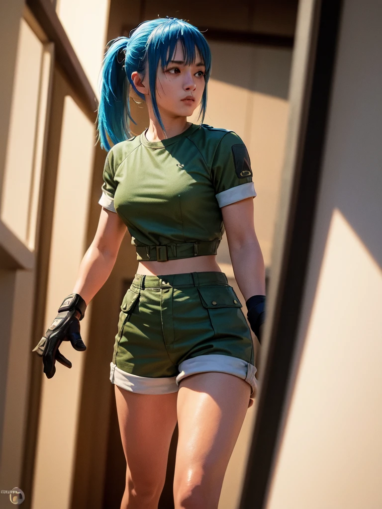 30-year-old woman, alone, athletic, blue hair tied in a ponytail, wears green military shorts, wears a green military top, wears dark gloves, has military boots, high resolution, perfect image, very detailed, high contrast, colors digital, simple, medium shot, cinematic, ultra-sharp focus, award-winning photography, perfect contrast, high sharpness, depth of field, ultra-detailed photography. global illumination, fluid, ultra high definition, 8k, Unreal Engine 5, ultra sharp focus, award-winning photography, Art Season Trends,
