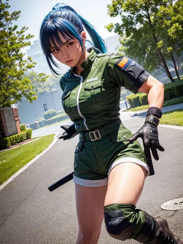 30-year-old woman, alone, athletic, blue hair tied in a ponytail, wears green military shorts, wears a green military top, wears dark gloves, has military boots, high resolution, perfect image, very detailed, high contrast, colors digital, simple, medium shot, cinematic, ultra-sharp focus, award-winning photography, perfect contrast, high sharpness, depth of field, ultra-detailed photography. global illumination, fluid, ultra high definition, 8k, Unreal Engine 5, ultra sharp focus, award-winning photography, Art Season Trends,
