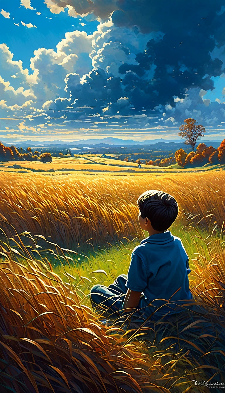 a boy sitting in an autumn meadow, seeing a vast blue sky with dark blue clouds, tall grasses, cloudy sky Style ULTRA Kilian Eng and Thomas Kinkade, Rob Gonsalves y Tim White., silvain sarriel, Rhads y Thomas Kinkade, inspired by RHADS, Cyril Rolando and M.w kalut, Cyril Rolando and M. w kalut, rhads!!!