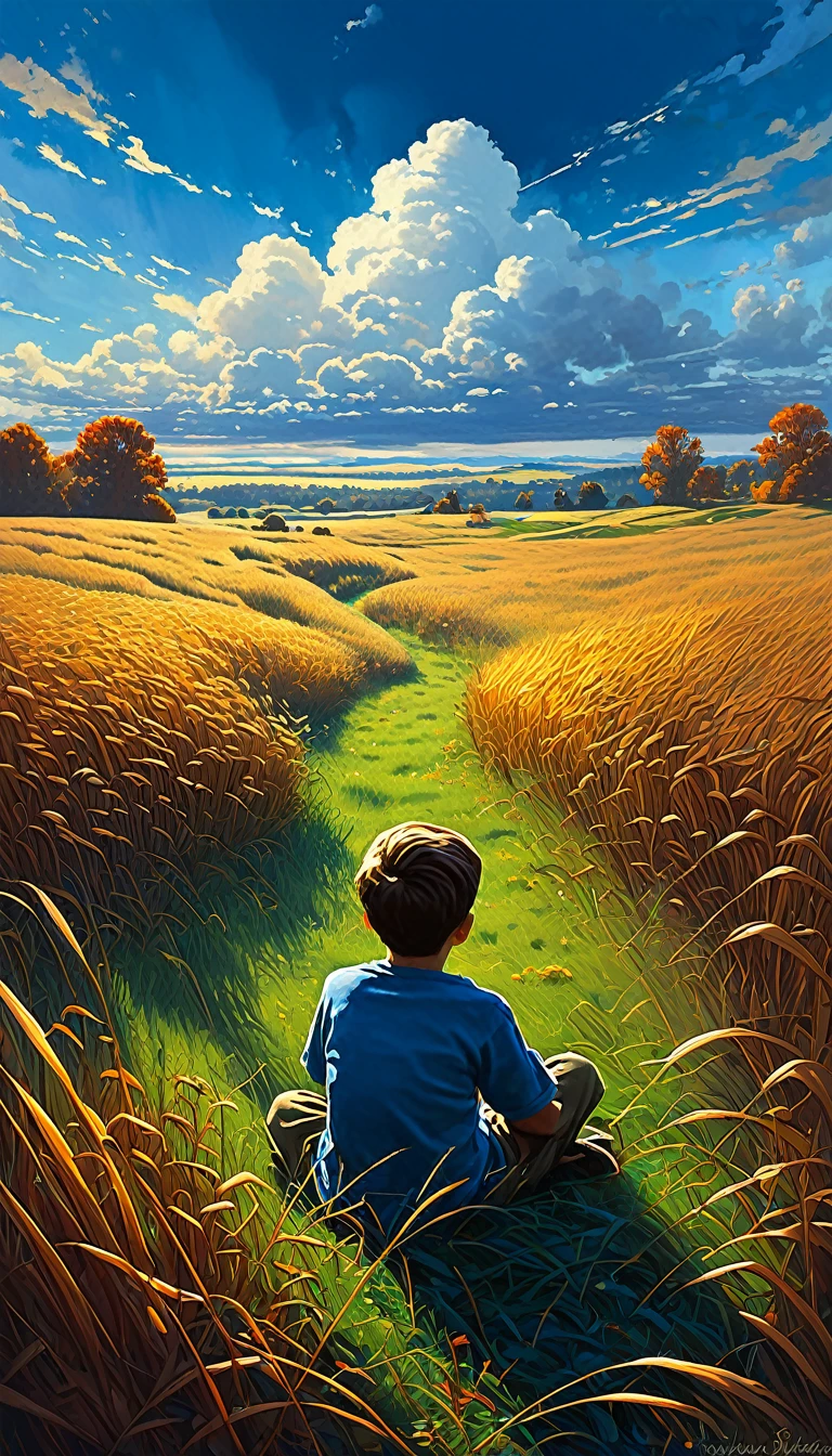 a boy sitting in an autumn meadow, seeing a vast blue sky with dark blue clouds, tall grasses, cloudy sky Style ULTRA Kilian Eng and Thomas Kinkade, Rob Gonsalves y Tim White., silvain sarriel, Rhads y Thomas Kinkade, inspired by RHADS, Cyril Rolando and M.w kalut, Cyril Rolando and M. w kalut, rhads!!!