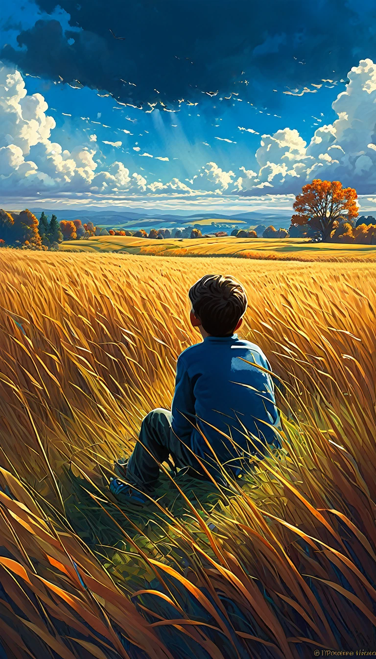 a boy sitting in an autumn meadow, seeing a vast blue sky with dark blue clouds, tall grasses, cloudy sky Style ULTRA Kilian Eng and Thomas Kinkade, Rob Gonsalves y Tim White., silvain sarriel, Rhads y Thomas Kinkade, inspired by RHADS, Cyril Rolando and M.w kalut, Cyril Rolando and M. w kalut, rhads!!!