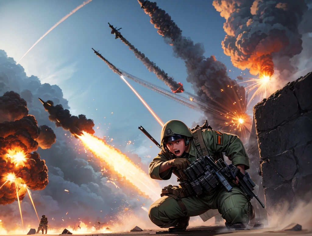 The military base is under attack, the soldiers are panicking and warplanes are launching missiles to the base