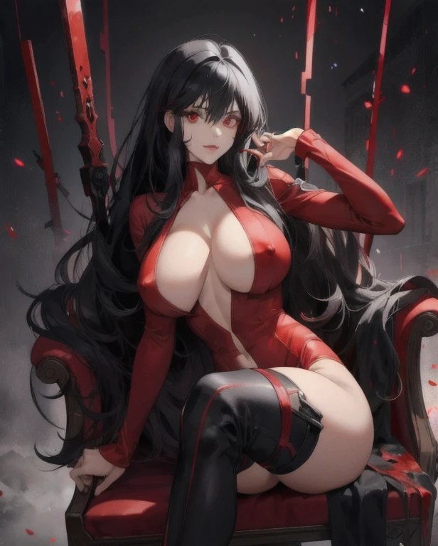 Last girl standing in end of the world, vampire Apocalypse, ((black hair, red highlights)), glowing beauty eyes, huge perfect breast, high heels boots, blood splatter, model pose, red black outfit, stocking, tight fix, nore blood, hot legs, boobies on focus, sitting, crossed legs, ((detailed face)) NSFW breasts), hdri, extremely naked, nude, nua, pelada, nsfw, perfect proportions human body, gigantic breast 1.9