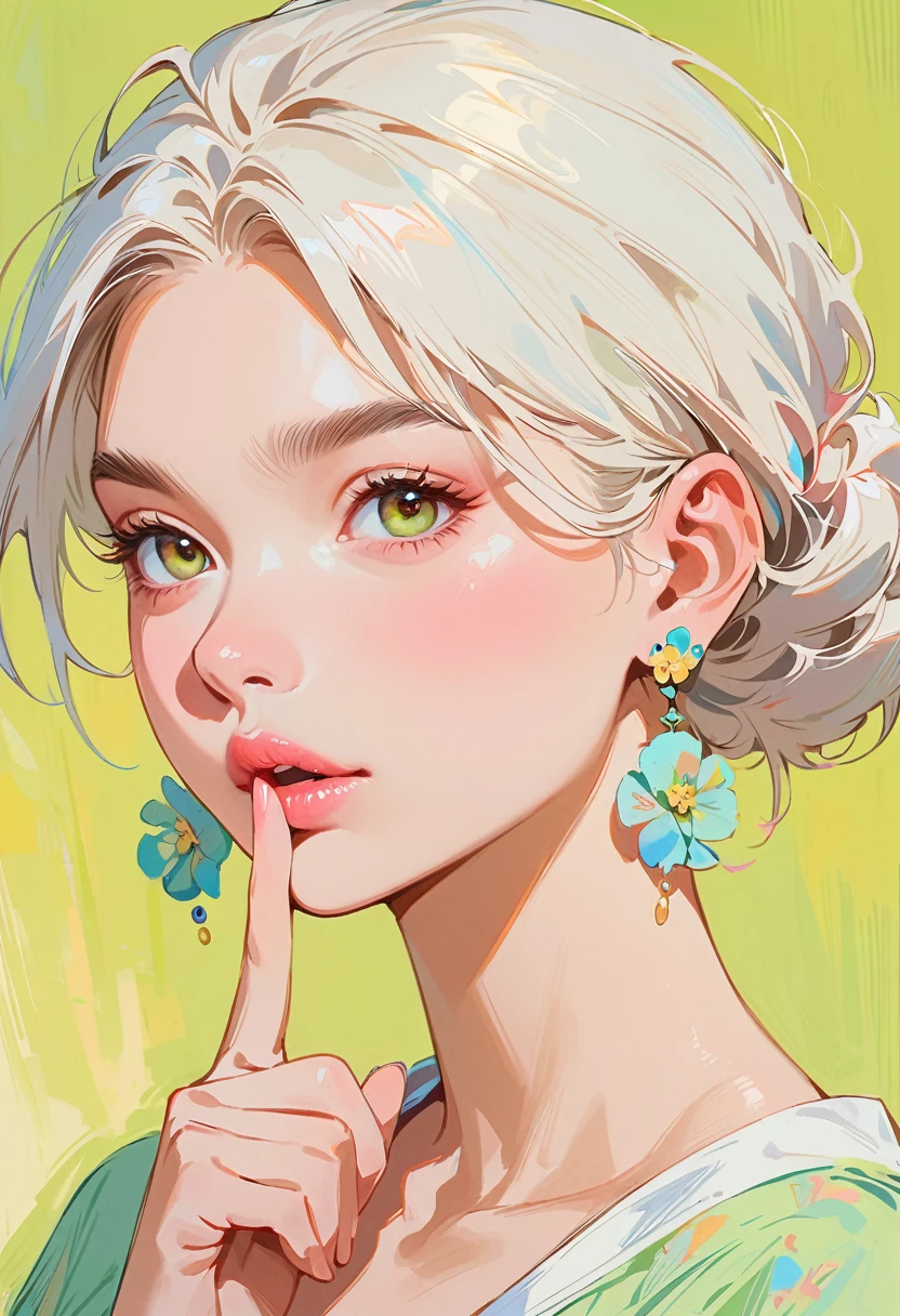 (masterpiece, best quality:1.2), 1 girl, solitary,Anime style,White hair, lips pink、Girl with light floral earrings puts her finger to her mouth,In the style of a top portrait painter, Yellow-green background.