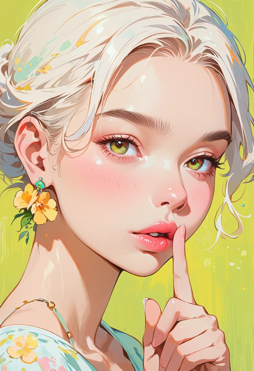(masterpiece, best quality:1.2), 1 girl, solitary，Anime style，White hair, lips pink、Girl with light floral earrings puts her finger to her mouth，In the style of a top portrait painter, Yellow-green background.