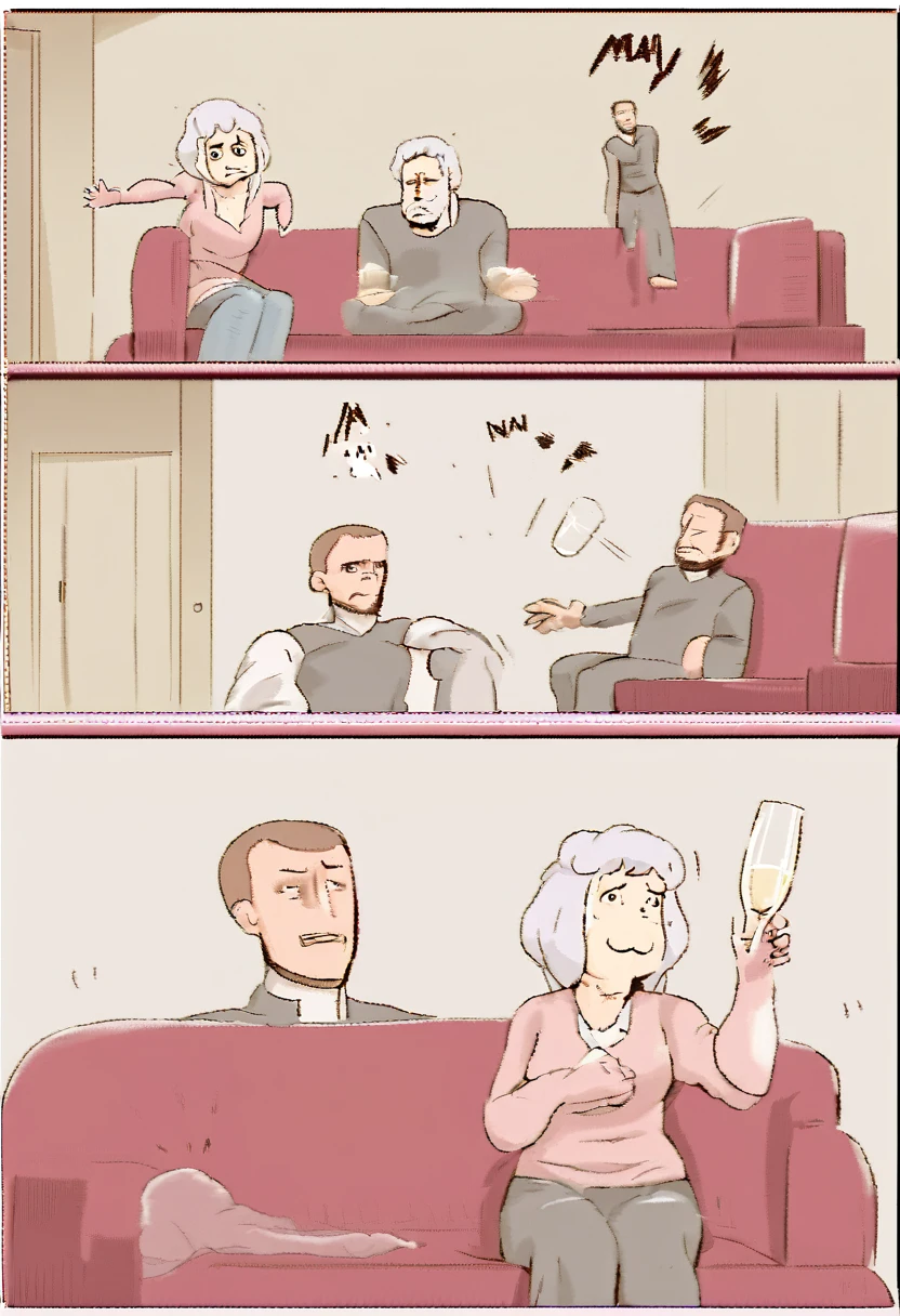 Prompt: 30-year-old woman, worried, a 30-year-old man, ((((woman looking at man)))), (((man throws the glass))), man and woman are sitting in on sofa.