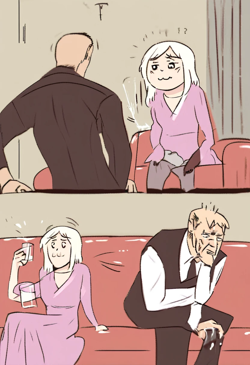 Prompt: 30-year-old woman, worried, a 30-year-old man, ((((woman looking at man)))), (((man throws the glass))), man and woman are sitting in on sofa.