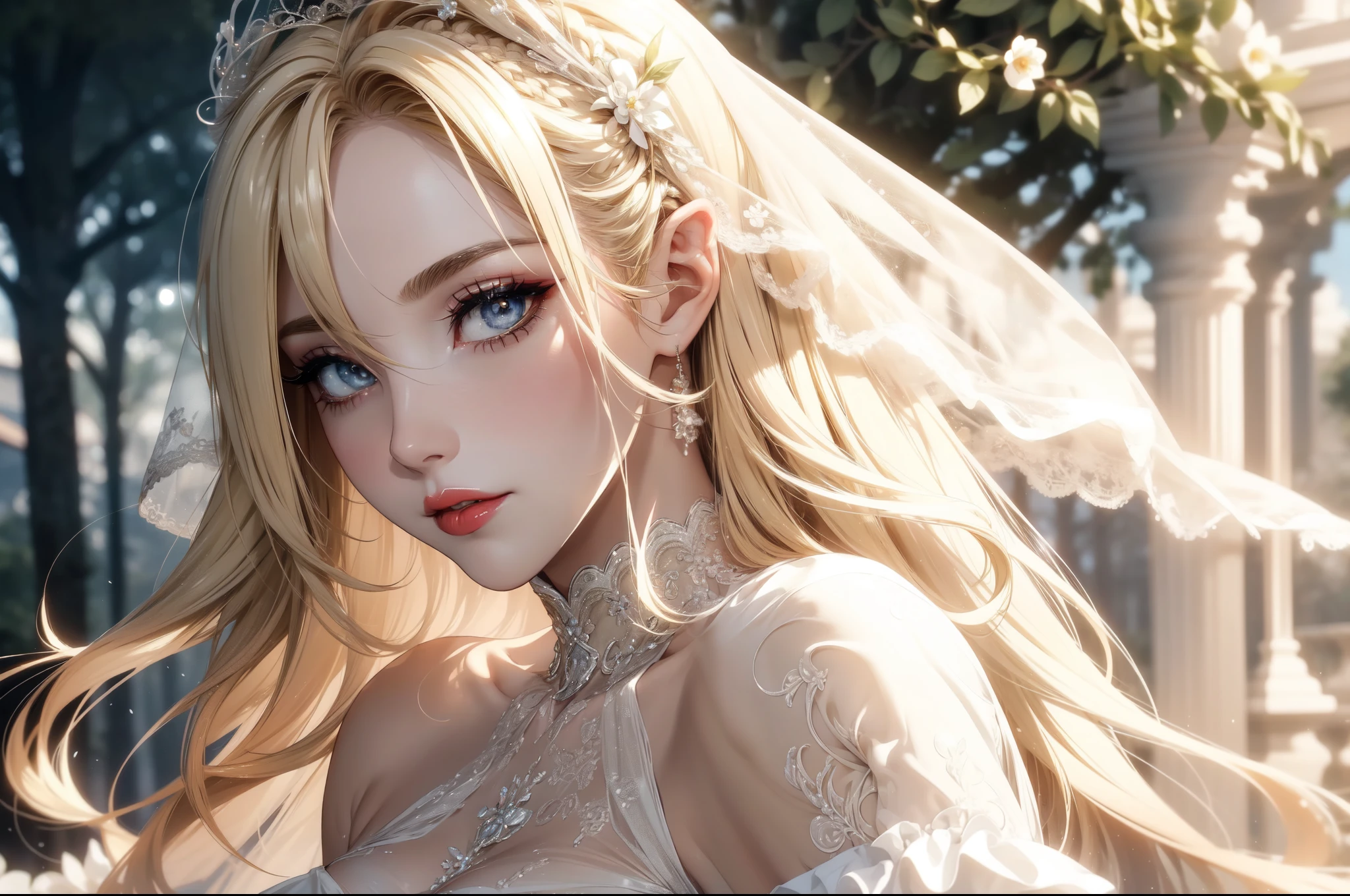 (masterpiece, best quality, beautiful and aesthetic:1.3), A beautiful elf lady, look back, side view, 1 elf girl, (solo:1.3), light smile, (honey blonde hair streaked beige:1.4), (Gradient sliver hair ends:1.6), hair strand, absurdly long hair, single sidelock, wavy hair, shiny hair, floating hair, (sky blue eyes), delicate eyes, aqua eyes, super high detailed eyes, long upper eyelashes, eyes makeup, red lips, Focus on face, Very detailed facial, (Pretty Face:1.3), Perfect medium chest, slim body, porcelain skin, (Delicate skin texture:1.2), (Highly detailed skin:1.2), bridal veil, lace-trimmed dress, see-through, wedding dress, (outdoors), white roses, garden, (morning), detailed background, beautiful background, standing, whole body, extreme detailed, Edge lighting, two color lights, 8K UHD, Bokeh, イーブイの絵, soft light, Volumetric lighting, confess, warm tone