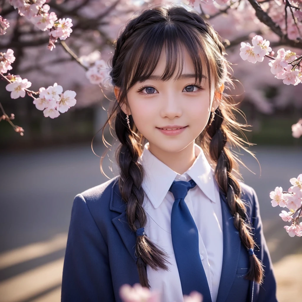 (Sky blue medium hair),(Braided hair tied together)、Pink eyes、Fair skin、(whole body)、(One Girl)、(School uniform blazer)、Cherry Blossoms at Night、A big smile、、(masterpiece、Highest quality、Very detailed、Best Shadow)、(Detailed Background)、(Beautifully detailed face)、High contrast、(Best lighting、Very delicate and beautiful)、((Cinematic Light))、colorful、Hyper Detail、Dramatic Light、Exquisite detail、