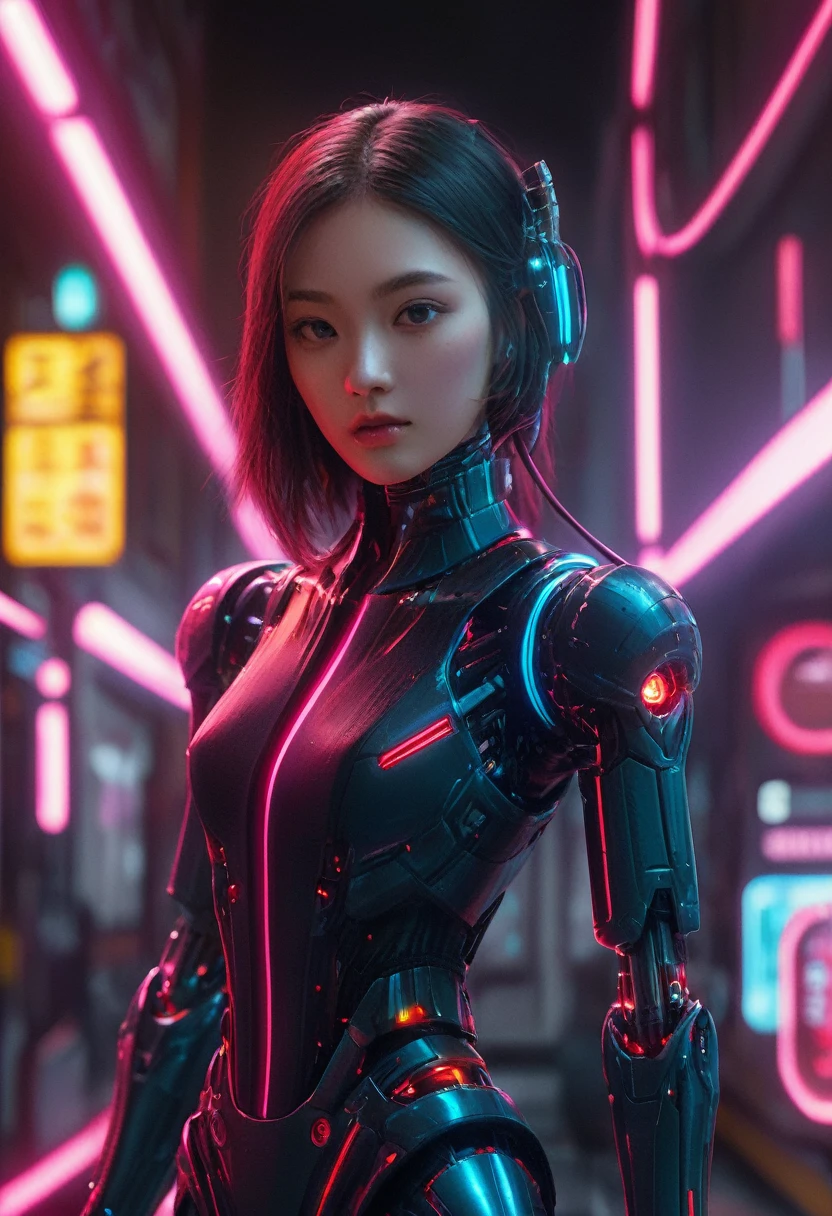 xxmixgirl. Highly detailed professional 35mm film, bokeh, face in sharp focus. A robotic female, Miku, with ((metal skin)), ((perfect Asian eyes)) with magenta irises and ((black pupils)), beautiful serious (detailed face), 18 year old ((photorealistic face)), very long magenta twin tails of magenta hair, twin black hair ties with a single red stripe. She may have a black audio headpiece. We can see her ((full body)) down to her boot soles. Her outfit is a sleeveless collared light grey shirt, outlined in red around the frilled collar and hems. Shiny reflective ((metallic breast cups, dimpleless)), invisible nipples. She wears black sleeves with red hems that start around her upper arm and bellow out as the sleeves open and extend to her wrists, with wide trumpet red rimmed cuffs. She has perfect robotic (detailed hands). She wears a red colored tie with two horizontal solid parallel black lines halfway across. She wears a fabric black skirt with a horizontal red hem at the bottom all the way around; her (((black skirt wraps around her))) and ((her skirt completely covers)) her robotic waist and thighs. Tall black boots with red bottom soles, a red rim around the top at her thighs. Her mechanical shoulder joints are visible. We can see her robotic legs and robotic neck. Half of her is covered with shiny polished machinery. The background is a distant dark neon futuristic Japanese city, gold, cyan, violet neon, near harbor or mountains.