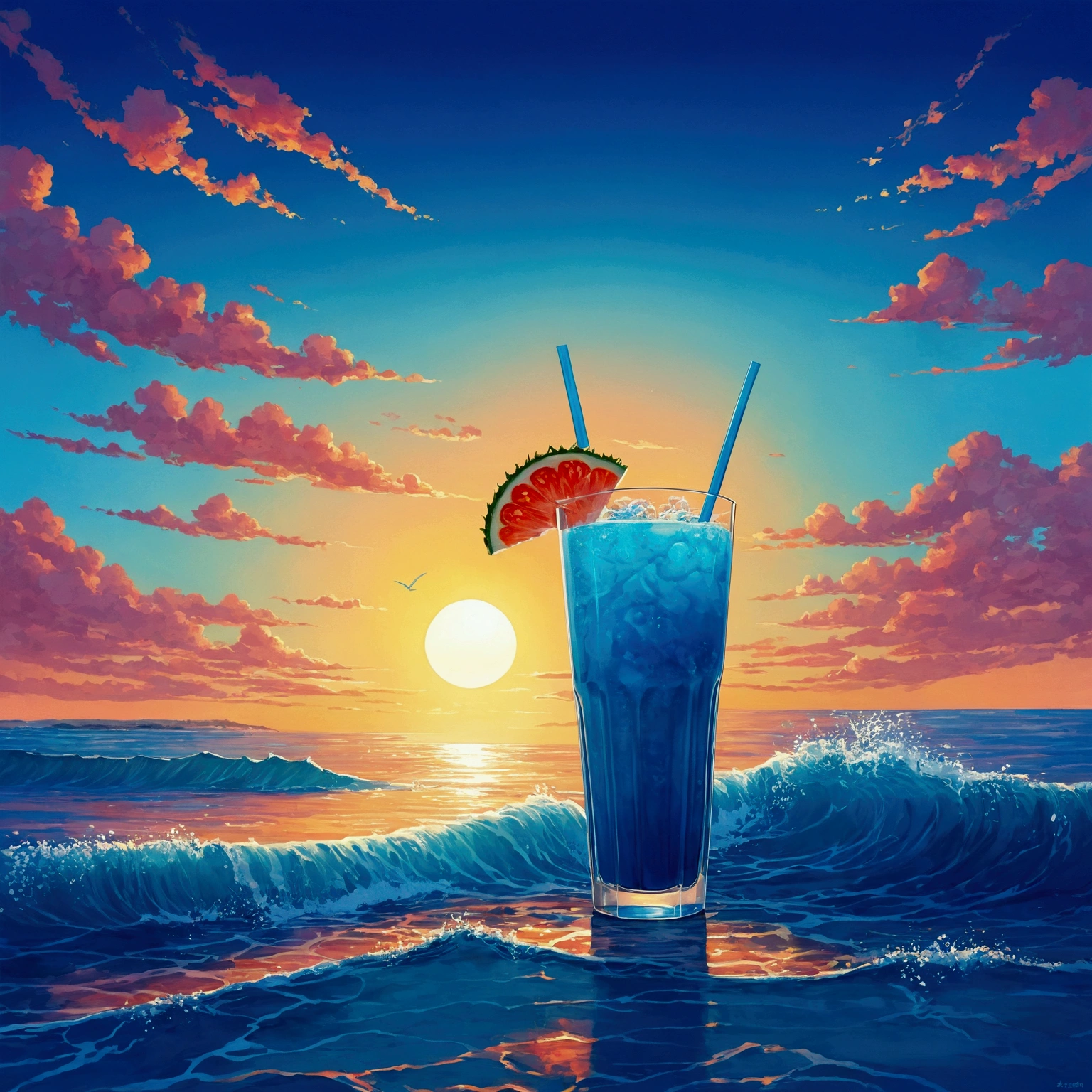 blue sky,Baiyun,Ocean,Tropical Juice,Sunset、An illustration、colorful
