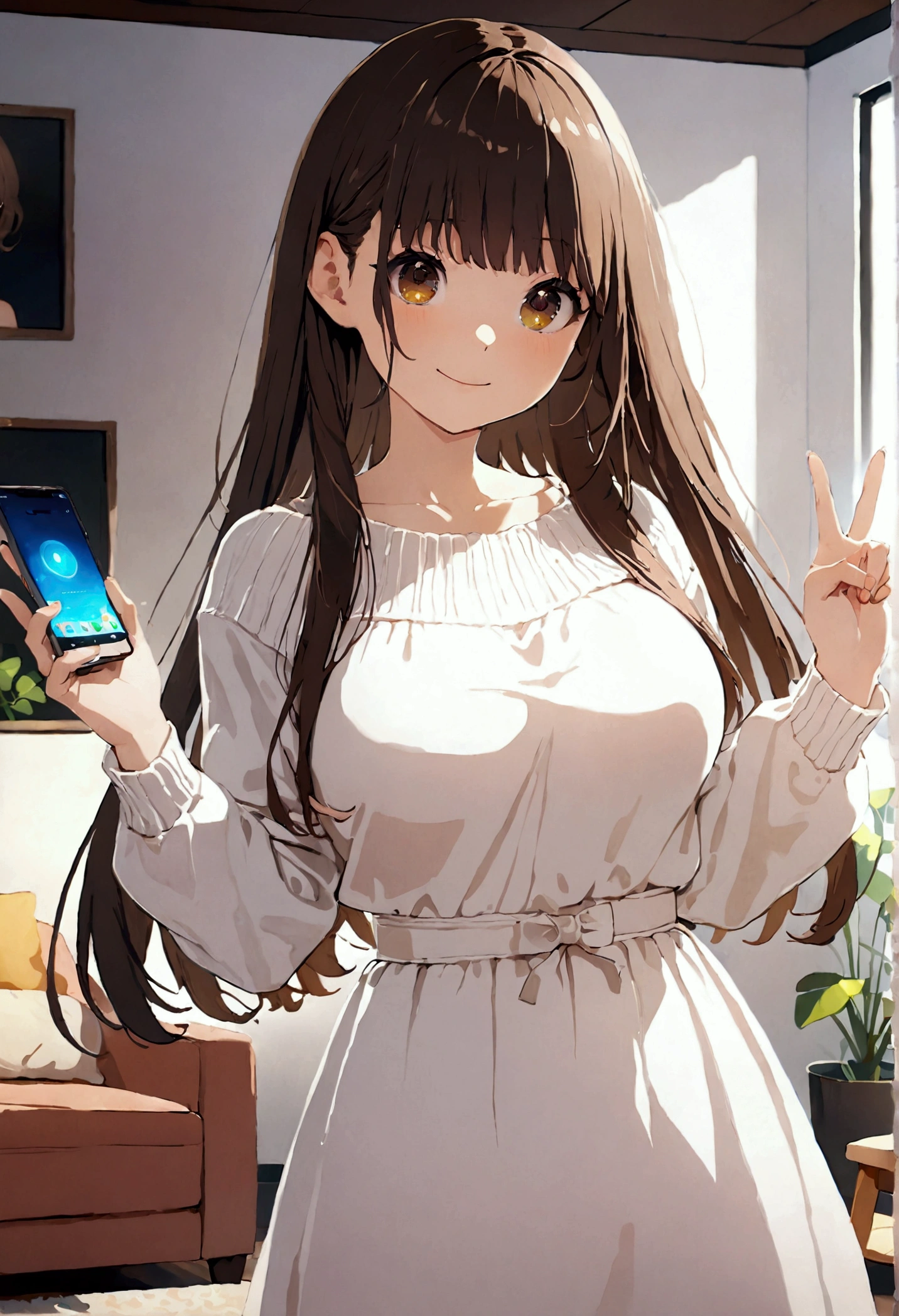 ((1girl)),  super fine illustration, vibrant colors, absurdres extremely detailed CG, 8k wallpaper, (masterpiece:1.3), dynamic angle, dynamic pose, 
best quality, depth of field, cinematic lighting, ultra detailed, brown long hair, very straight hair, large breast, white knit dress , 20yo, cute, very baby face, brown eyes, kawaii, smile, droopy eyes, arms at sides, smartphone, modern living room, peace fingers, The screen of the smartphone in his hand is facing towards me