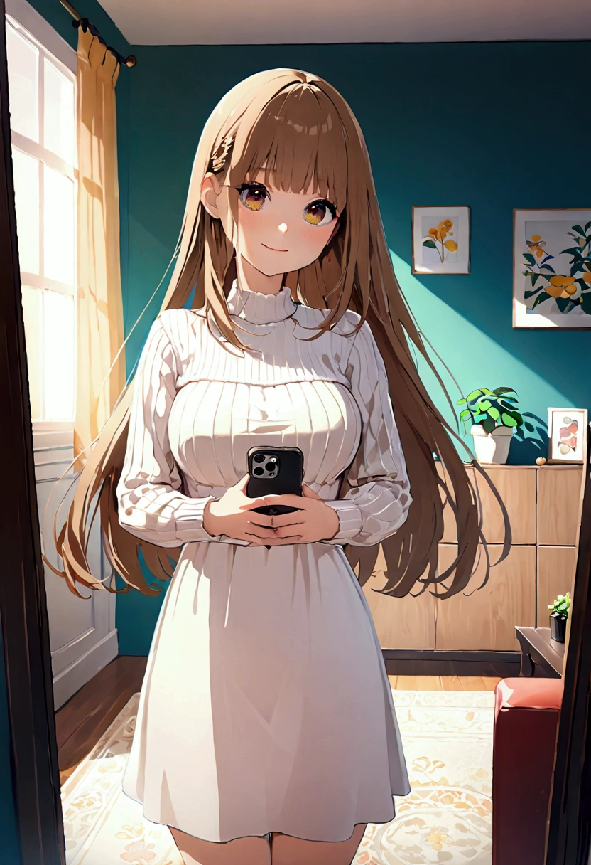 ((1girl)),  super fine illustration, vibrant colors, absurdres extremely detailed CG, 8k wallpaper, (masterpiece:1.3), dynamic angle, dynamic pose, 
best quality, depth of field, cinematic lighting, ultra detailed, brown long hair, very straight hair, large breast, white knit dress , 20yo, cute, very baby face, brown eyes, kawaii, smile, droopy eyes, arms at sides, smartphone, modern living room, peace fingers, The screen of the smartphone in his hand is facing towards me