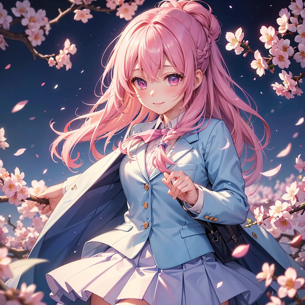 (Sky blue medium hair),(Braided hair tied together)、Pink eyes、Fair skin、(whole body)、(One Girl)、(School uniform blazer)、Cherry Blossoms at Night、A big smile、、(masterpiece、Highest quality、Very detailed、Best Shadow)、(Detailed Background)、(Beautifully detailed face)、High contrast、(Best lighting、Very delicate and beautiful)、((Cinematic Light))、colorful、Hyper Detail、Dramatic Light、Exquisite detail、