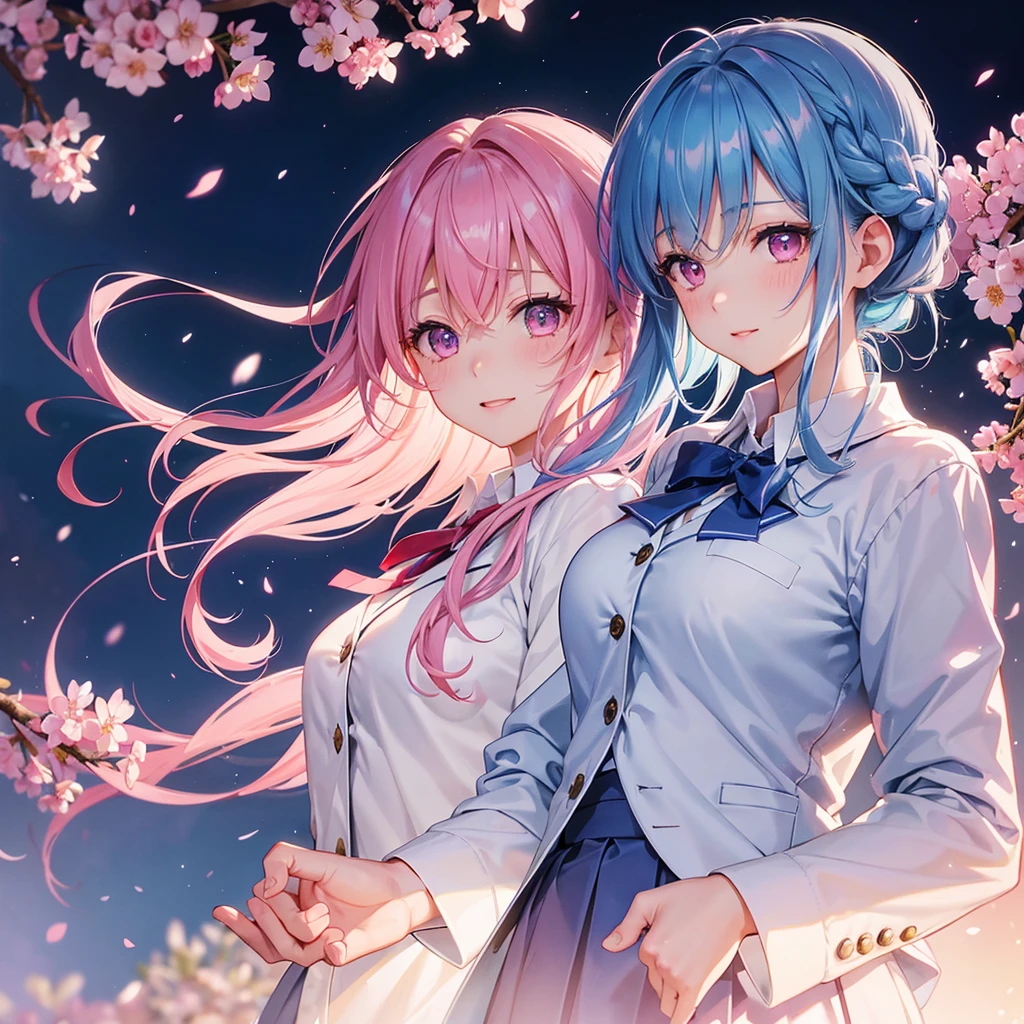 (Sky blue medium hair),(Braided hair tied together)、Pink eyes、Fair skin、(whole body)、(One Girl)、(School uniform blazer)、Cherry Blossoms at Night、A big smile、、(masterpiece、Highest quality、Very detailed、Best Shadow)、(Detailed Background)、(Beautifully detailed face)、High contrast、(Best lighting、Very delicate and beautiful)、((Cinematic Light))、colorful、Hyper Detail、Dramatic Light、Exquisite detail、