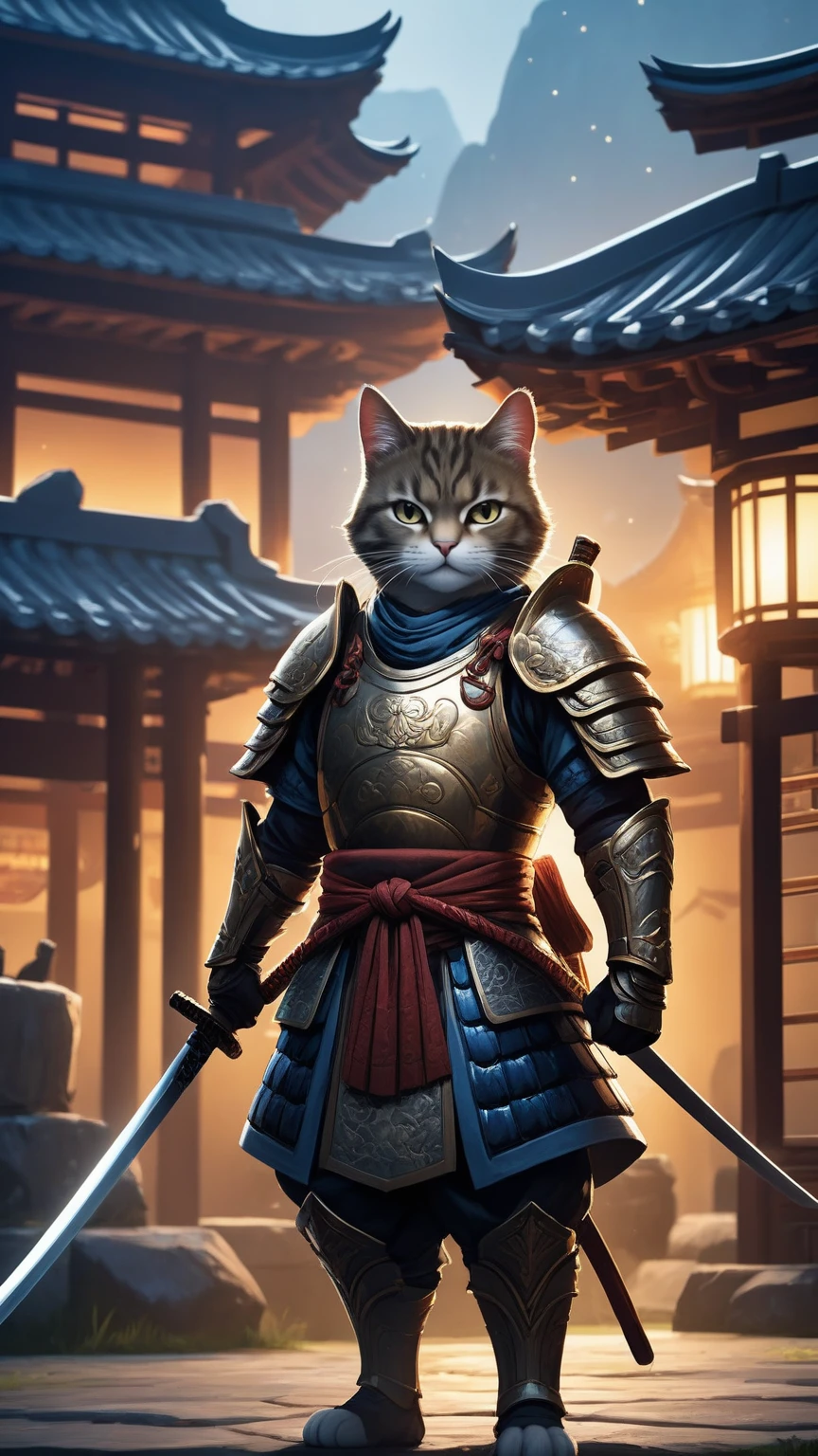 A wide shot angle captures an anthropomorphic warrior cat in samurai armor, standing proudly. The armor is highly detailed, featuring intricate engravings. The warrior holds a Japanese sword, and the cat’s fur texture is vividly rendered. The expression is alert and focused. The background features an ancient Japanese castle with detailed stone texture and traditional architecture. The scene is set at night, and glowing orbs surround the warrior, along with glowing fireflies in the foreground. Dramatic lighting highlights the warrior and the glowing elements, creating a striking visual. The image is captured in 8K resolution using a high-resolution camera and a wide-angle lens, inspired by the style of Greg Rutkowski.
cinematic film , realistic , shallow depth of field, vignette, highly detailed, high budget, bokeh, cinemascope, moody, epic, gorgeous, film grain, grainy, 
