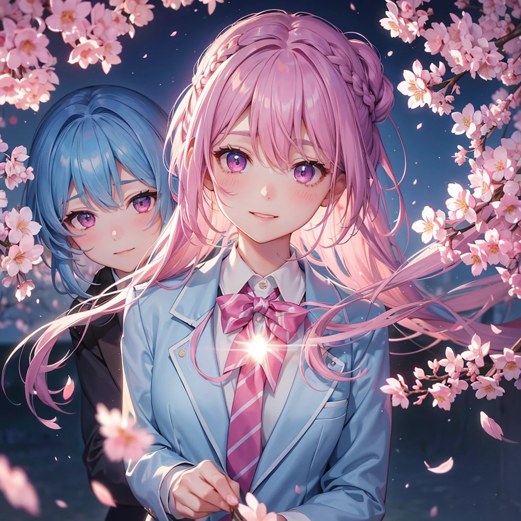 (Sky blue medium hair),(Braided hair tied together)、Pink eyes、Fair skin、(whole body)、(One Girl)、(School uniform blazer)、Cherry Blossoms at Night、A big smile、、(masterpiece、Highest quality、Very detailed、Best Shadow)、(Detailed Background)、(Beautifully detailed face)、High contrast、(Best lighting、Very delicate and beautiful)、((Cinematic Light))、colorful、Hyper Detail、Dramatic Light、Exquisite detail、