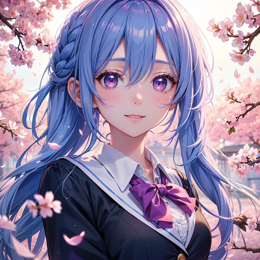 (Sky blue medium hair),(Braided hair tied together)、Pink eyes、Fair skin、(whole body)、(One Girl)、(School uniform blazer)、Cherry Blossoms at Night、A big smile、、(masterpiece、Highest quality、Very detailed、Best Shadow)、(Detailed Background)、(Beautifully detailed face)、High contrast、(Best lighting、Very delicate and beautiful)、((Cinematic Light))、colorful、Hyper Detail、Dramatic Light、Exquisite detail、