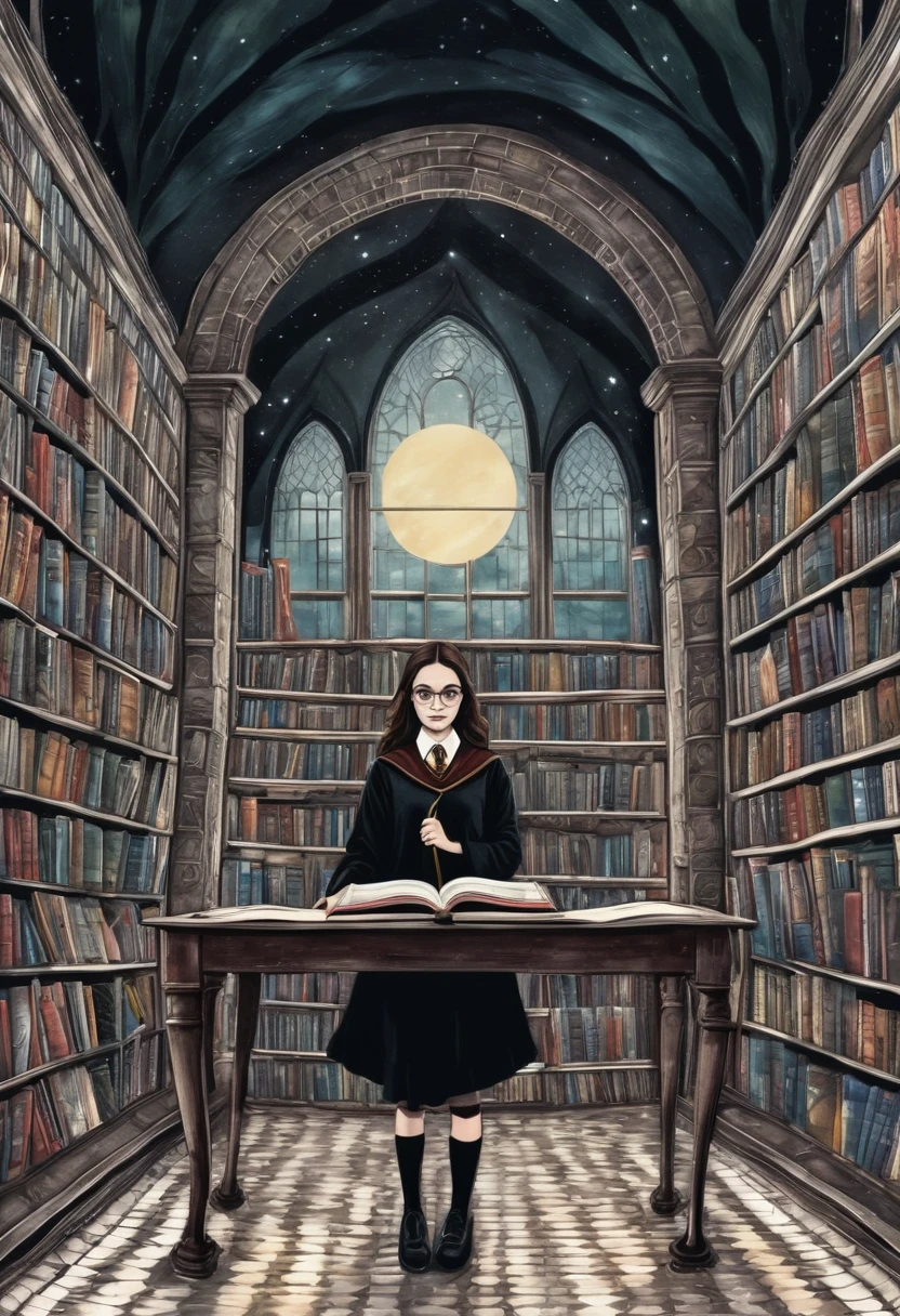uma gravura surreal em xilogravura abstrata, com o tema "tema filmes, series e livros com referencia a harry potter, anne de greem gables e dark academy"