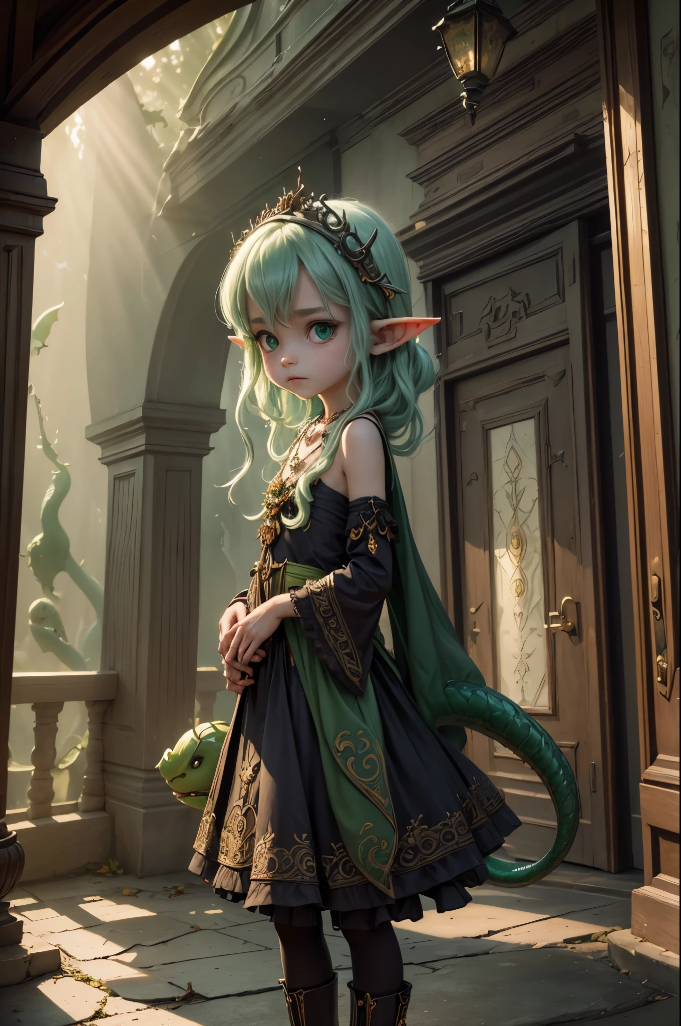 (Realisttic:1.2), analog photo style, (cute goblin wooman looking like elf, intensed green serpent's eyes, surrounded by a gloomy antique setting), (her full body s a visual pleasure), faint smile, soft shading expresses beautiful skin texture, silk material, Graceful curve, necklace, rich and lustrous hair, three dimensional effect, gloomy dark atmosphere, play of light in the sun rays, a delicate balance between beauty and darkness, faded colours, great quality, Masterpiece, intricate fantasy background, naturally cinematic light, 16k quality, HDR, RAW photo