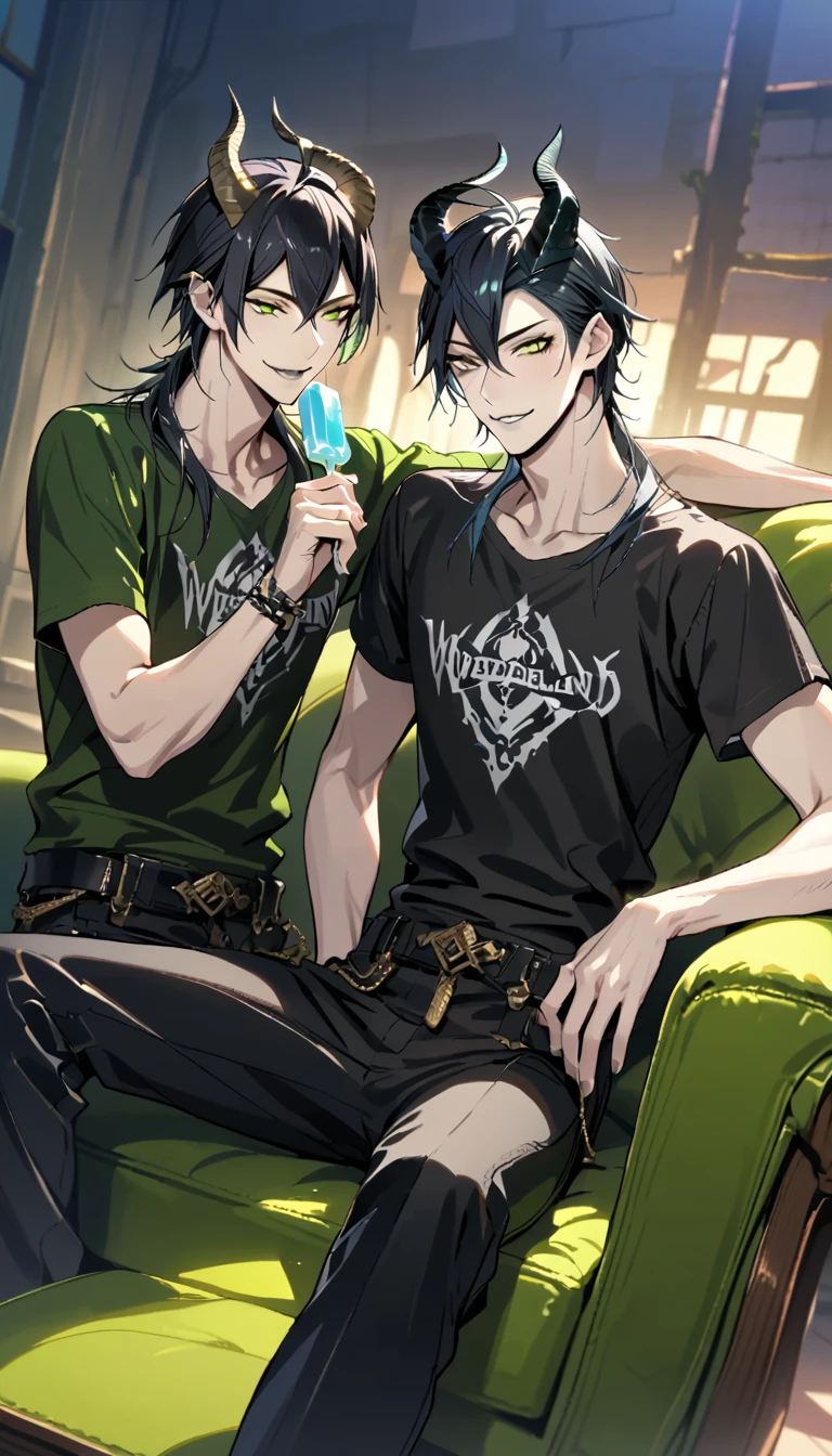 masterpiece, best quality, extremely detailed, anime , upper body, ((2boys)), BL, male focus, ikemen:1.5, looking at each other, holding ice candy, T-shirt, short sleeves, room, sitting on sofa,full body, dynamic angle, malleus draconia (twisted wonderland) horns, bishounen, boy, male, yana Toboso style, long hair, black hair, yellow green eyes, smile, gray lips, handsome, skinny, tall, yellow green glow,AddXL

