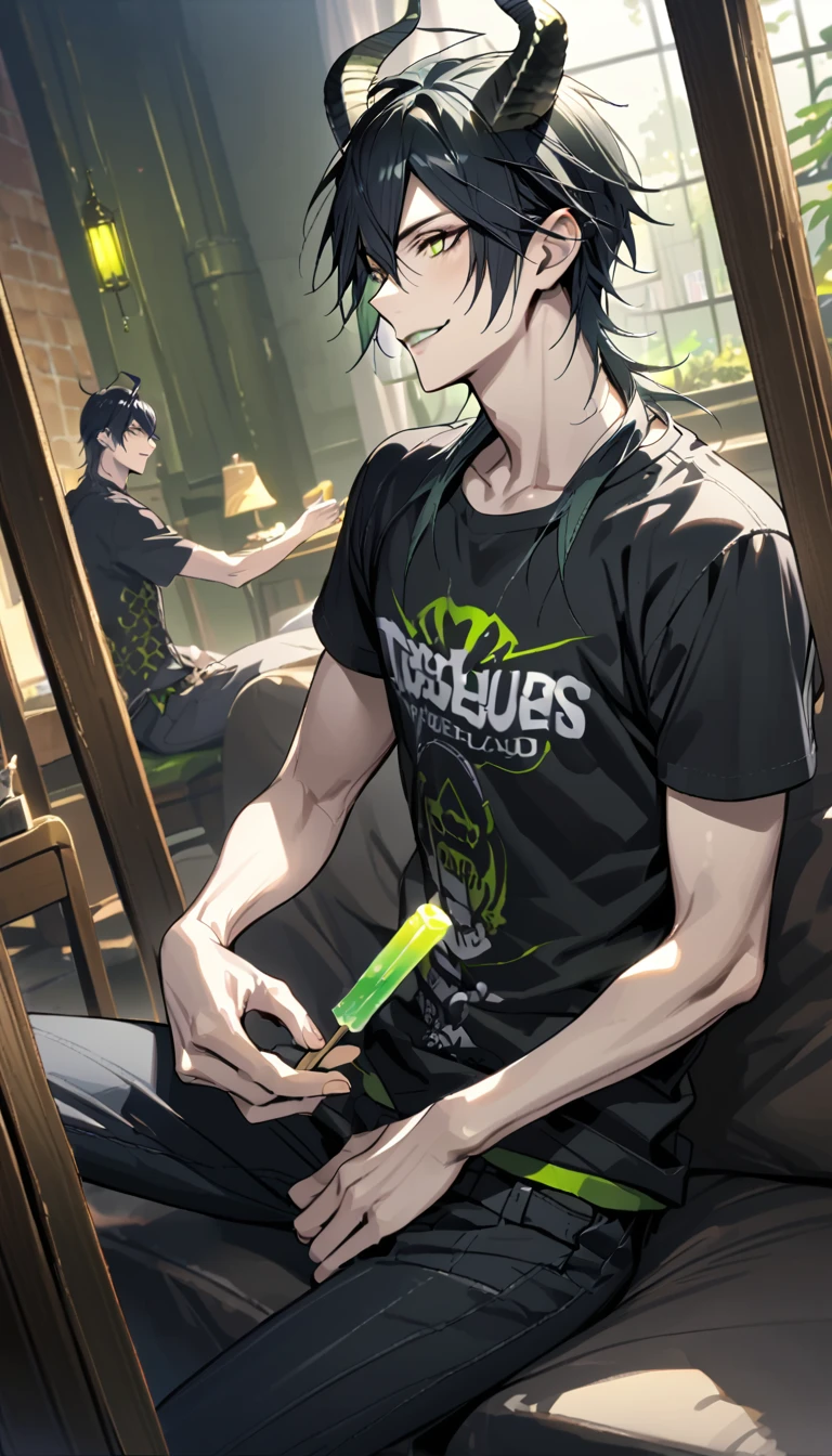 masterpiece, best quality, extremely detailed, anime , upper body, ((2boys)), BL, male focus, ikemen:1.5, looking at each other, holding ice candy, T-shirt, short sleeves, room, sitting on sofa,full body, dynamic angle, malleus draconia (twisted wonderland) horns, bishounen, boy, male, yana Toboso style, long hair, black hair, yellow green eyes, smile, gray lips, handsome, skinny, tall, yellow green glow,AddXL

