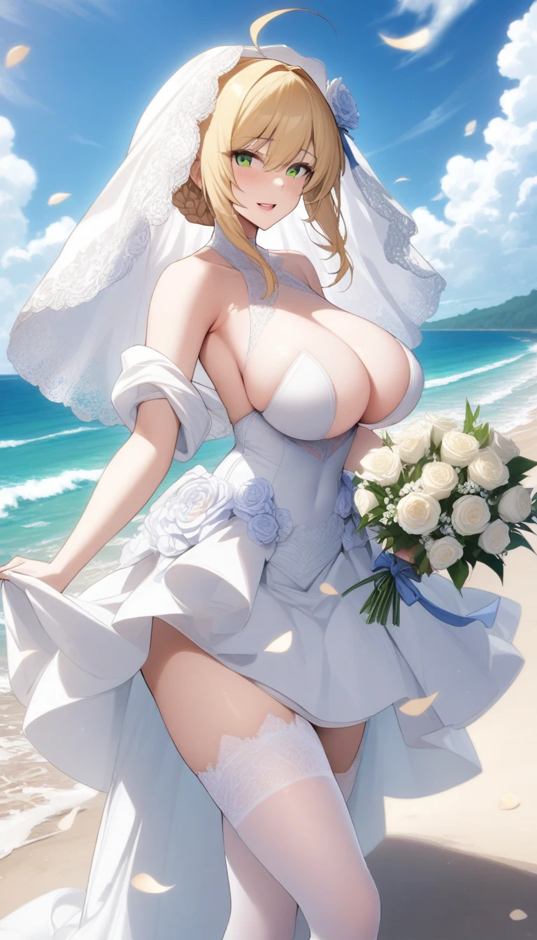 masterpiece, best quality, very aesthetic, absurdres, 1girl, mature_lady, wedding_dress,White lace miniskirt wedding dress, Holding flowers, White lace stockings, wedding hood, ,saber_(fate), fate_(series), 1girl, ahoge,blonde_hair,braid, braided_bun,single_hair_bun, hair_ribbon, green_eyes,,surrounding by flowers,falling_petals, outdoors, petals,,on the beach,floating_clothes,covered_breasts