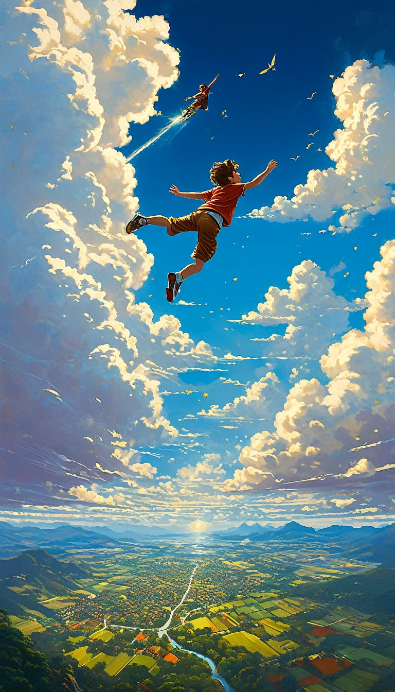 ANIME masterpiece, boy falling from the sky seen from afar, pure background clouds golden edges, Style ULTRA Kilian Eng y Thomas Kinkade, Rob Gonsalves y Tim White., silvain sarriel, Rhads y Thomas Kinkade, inspired by RHADS, cyril rolando and m.I&#39;m confused, cyril rolando and m. I&#39;m confused, Rhads!!!