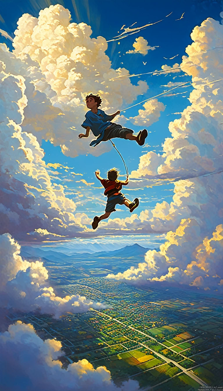 ANIME masterpiece, boy falling from the sky seen from afar, pure background clouds golden edges, Style ULTRA Kilian Eng y Thomas Kinkade, Rob Gonsalves y Tim White., silvain sarriel, Rhads y Thomas Kinkade, inspired by RHADS, cyril rolando and m.I'm confused, cyril rolando and m. I'm confused, Rhads!!!