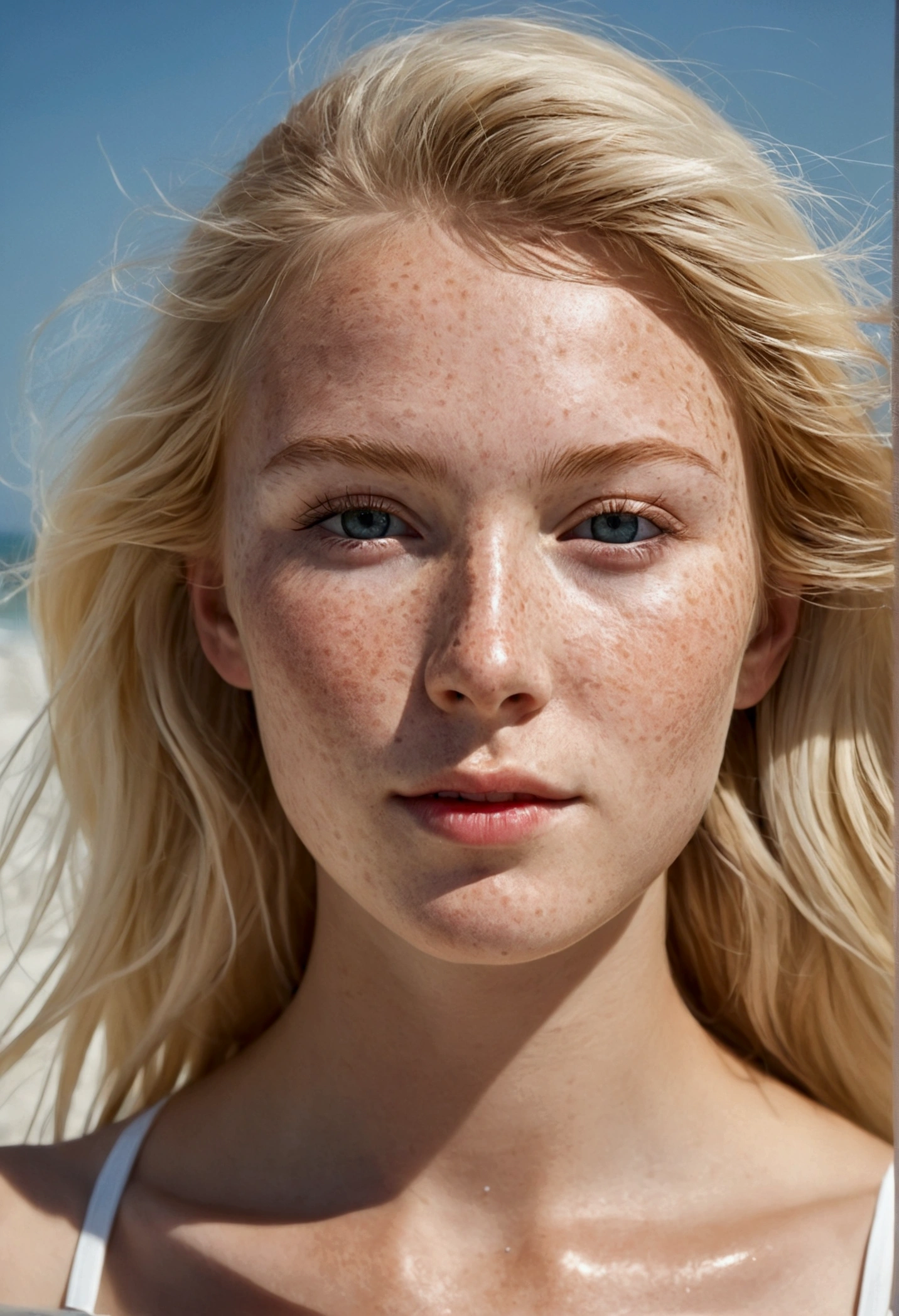 summer6, portrait d'a beautiful blonde, Detailed skin texture, light freckles, beach, 比基尼, front view