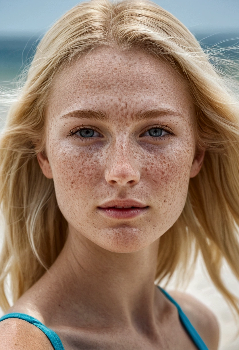 summer6, portrait d'a beautiful blonde, Detailed skin texture, light freckles, beach, 比基尼, front view