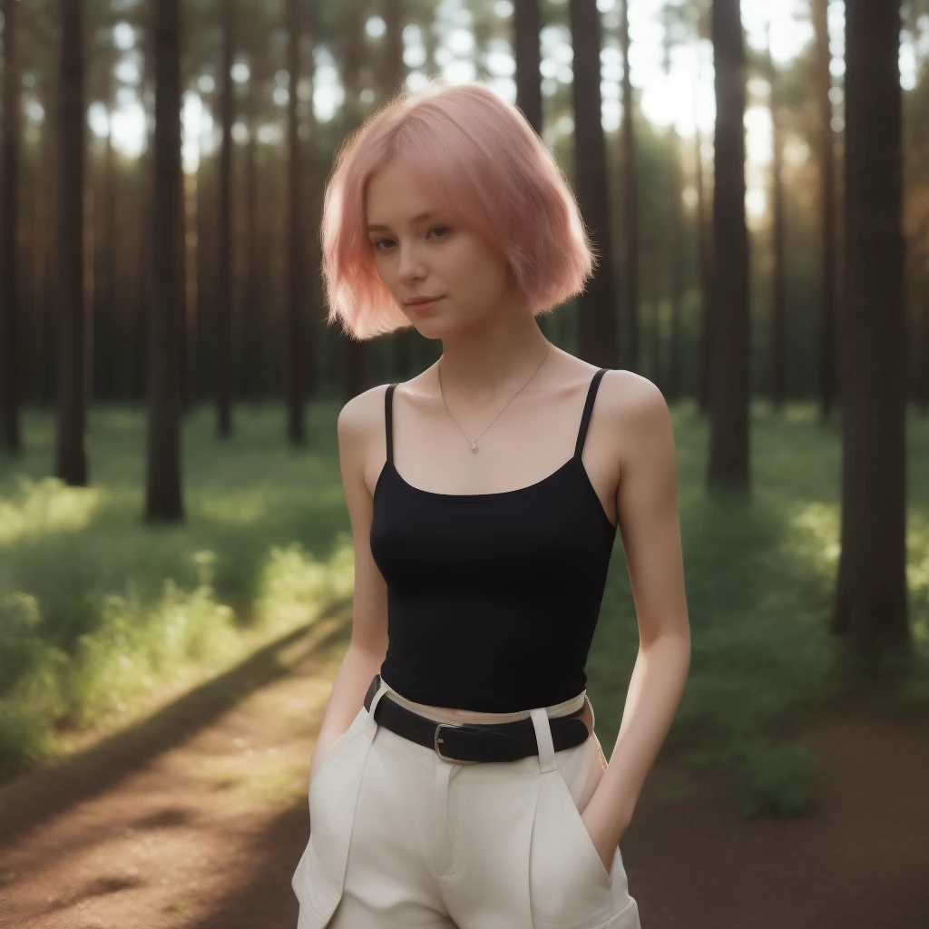 Certainly! Here's a detailed description of the girl with short pink hair, walking in the forest:
She strides through the sun-dappled woodland, her rose-pink hair falling in tousled waves to her shoulders. The white tank top clings to her lithe frame, revealing toned arms and a hint of . Cream cargo pants, slightly frayed at the hems, allow her to move freely as she navigates the uneven terrain. Her boots—sturdy and well-worn—crunch on the fallen leaves, echoing the rustling of the surrounding foliage.
The forest envelops her—a tapestry of emerald hues. Towering pine trees stretch toward the sky, their needles casting elongated shadows on the mossy ground. Shafts of sunlight pierce through the canopy, illuminating patches of wildflowers—violets, buttercups, and delicate ferns. The air smells of damp earth and pine resin, and the distant call of a woodpecker adds a rhythmic melody to her solitary walk.
As she ventures deeper, the forest thickens. Ancient oaks stand sentinel, their gnarled roots intertwining like old friends. A babbling brook winds its way through the underbrush, its water crystal-clear and inviting. Birds flit from branch to branch, their songs harmonizing with the gentle rustle of leaves. The girl pauses, her gaze drawn upward, where a red-tailed hawk circles lazily against the azure sky.
In this secluded haven, time seems to slow. The girl's footsteps leave faint imprints on the forest floor, a fleeting connection to a world beyond the trees. She walks with purpose, her pink hair catching glimmers of sunlight, and her eyes—perhaps the same shade as the wild berries she passes—hold a quiet determination. She is both part of this landscape and an ephemeral visitor, leaving traces of her passage as she wanders deeper into the heart of the woods.