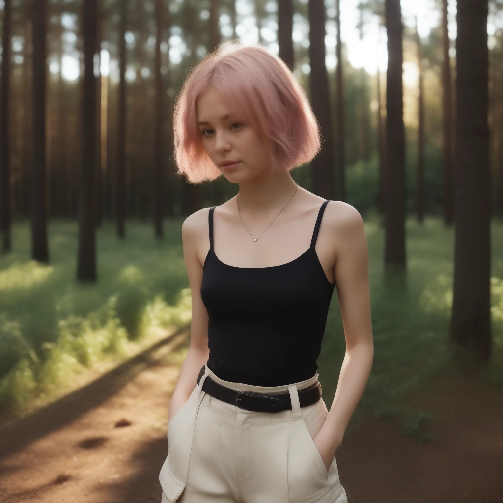 Certainly! Here's a detailed description of the girl with short pink hair, walking in the forest:

She strides through the sun-dappled woodland, her rose-pink hair falling in tousled waves to her shoulders. The white tank top clings to her lithe frame, revealing toned arms and a hint of . Cream cargo pants, slightly frayed at the hems, allow her to move freely as she navigates the uneven terrain. Her boots—sturdy and well-worn—crunch on the fallen leaves, echoing the rustling of the surrounding foliage.

The forest envelops her—a tapestry of emerald hues. Towering pine trees stretch toward the sky, their needles casting elongated shadows on the mossy ground. Shafts of sunlight pierce through the canopy, illuminating patches of wildflowers—violets, buttercups, and delicate ferns. The air smells of damp earth and pine resin, and the distant call of a woodpecker adds a rhythmic melody to her solitary walk.

As she ventures deeper, the forest thickens. Ancient oaks stand sentinel, their gnarled roots intertwining like old friends. A babbling brook winds its way through the underbrush, its water crystal-clear and inviting. Birds flit from branch to branch, their songs harmonizing with the gentle rustle of leaves. The girl pauses, her gaze drawn upward, where a red-tailed hawk circles lazily against the azure sky.

In this secluded haven, time seems to slow. The girl's footsteps leave faint imprints on the forest floor, a fleeting connection to a world beyond the trees. She walks with purpose, her pink hair catching glimmers of sunlight, and her eyes—perhaps the same shade as the wild berries she passes—hold a quiet determination. She is both part of this landscape and an ephemeral visitor, leaving traces of her passage as she wanders deeper into the heart of the woods. 