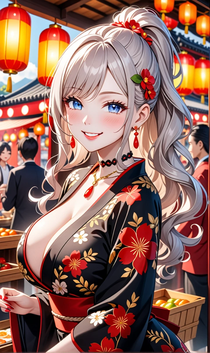 ultra-detailed, ((one girl)), (pale skin:1.4), in pastel colors gyaru, (heavy makeup), (professional lighting) hyper detailed, absurdres, 8K, Beautiful Face, (Laugh shyly), ((teasing smile:1.8)), ((Wink:1.7)), (Laugh with your mouth wide open),((Tilt your face:1.6)), View your viewers, ((Bright red cheeks:1.6)),Glossy Red Lips, ((:1.6)), ((undressing:n, Shrine festival stalls, ((Anime style background)),masterpiece, Highest quality, so beautiful,Latest, Complex details, (Pink long nails), (nail art), (ring),(bracelet), (Floral Choker),AI-generated, Complex,High resolution, Highest quality, super high quality,3D Images、3D Images,One person,Pastel silver long hair,(High Ponytail), (wavy hair:1.3), Pastel anime woman posing for a photo, ((Fine grain、blue eyes、glowing eyes:1.4)), (Squint your eyes:1.1), (one eye closed:1.4), a hyperRealistic , hyperRealistic , Realistic,Anime woman with long pastel white hair, Smooth anime CG art, A girl in a gorgeous black kimono, ((Black long-sleeved kimono)),(Large red floral pattern), Golden embroidery, (sideboob), Long flower hair ornament,Floral Earrings, Mature Body, tall,Narist, ((from side:1.2)), ((leaning forward)), ((upper body)),