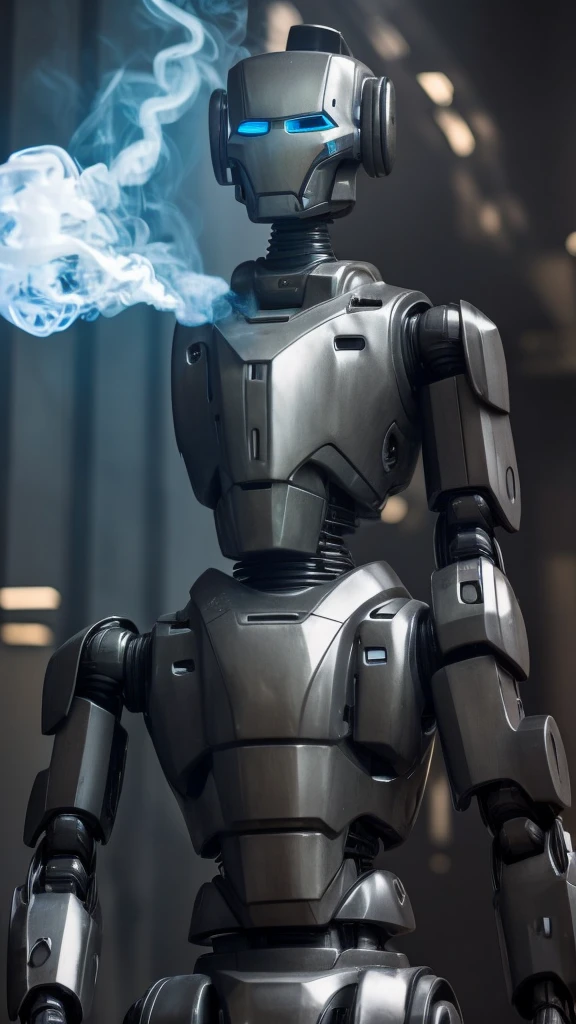 A calm iron robot wearing a black suit smoking a cigarette