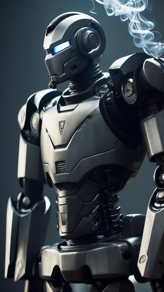 A calm iron robot wearing a black suit smoking a cigarette 