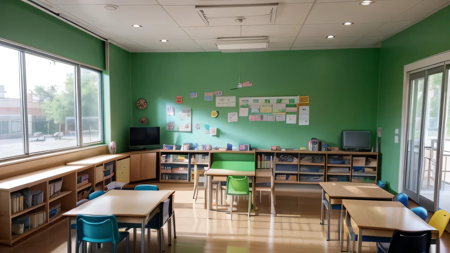 front view. Interior of a colorful and cheerful kindergarten classroom. The walls are decorated with children's drawings and paintings, and there are shelves with toys and children's books. There is a colorful rug on the floor and several small tables and chairs around the room. In the center of the room, leave an empty space to later add a video of a teacher sitting at a small table with little chairs around, where she is teaching her young students. The room should have large windows that let in plenty of natural light and should look inviting and stimulating for children.