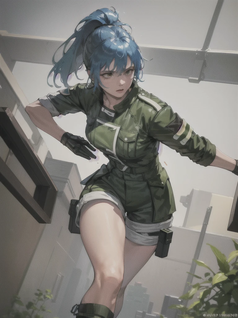 30-year-old woman, alone, athletic, blue hair tied in a ponytail, wears green military shorts, wears a green military top, wears dark gloves, has military boots, high resolution, perfect image, very detailed, high contrast, colors digital, simple, medium shot, cinematic, ultra-sharp focus, award-winning photography, perfect contrast, high sharpness, depth of field, ultra-detailed photography. global illumination, fluid, ultra high definition, 8k, Unreal Engine 5, ultra sharp focus, award-winning photography, Art Season Trends,
