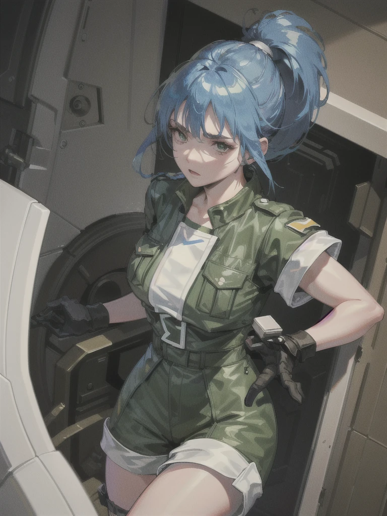 30-year-old woman, alone, athletic, blue hair tied in a ponytail, wears green military shorts, wears a green military top, wears dark gloves, has military boots, high resolution, perfect image, very detailed, high contrast, colors digital, simple, medium shot, cinematic, ultra-sharp focus, award-winning photography, perfect contrast, high sharpness, depth of field, ultra-detailed photography. global illumination, fluid, ultra high definition, 8k, Unreal Engine 5, ultra sharp focus, award-winning photography, Art Season Trends,
